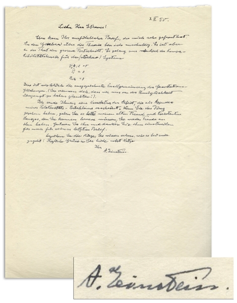Albert Einstein Autograph Letter Signed With His Handwritten Equations -- ''...the theory...really does constitute immense progress...as an appendix of my little book on relativity...''